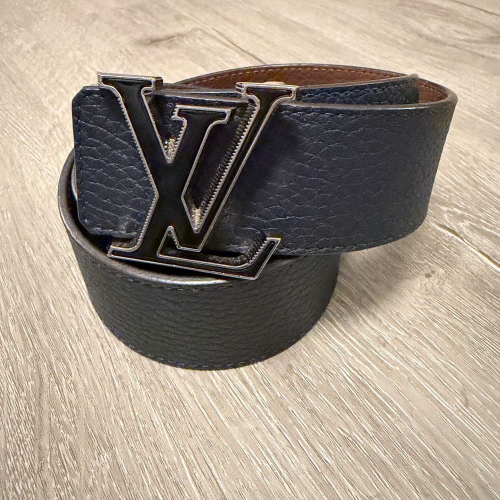 Louis Vuitton Dark Blue Leather Belt with Monogram Buckle Sz 85cm